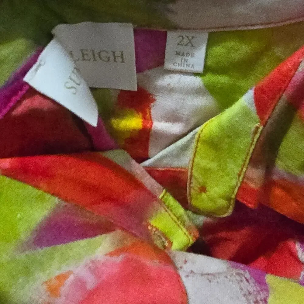 Sunny Leigh Watercolor Floral Linen Blend‎ Button Down Shirt Plus Size 2X New!